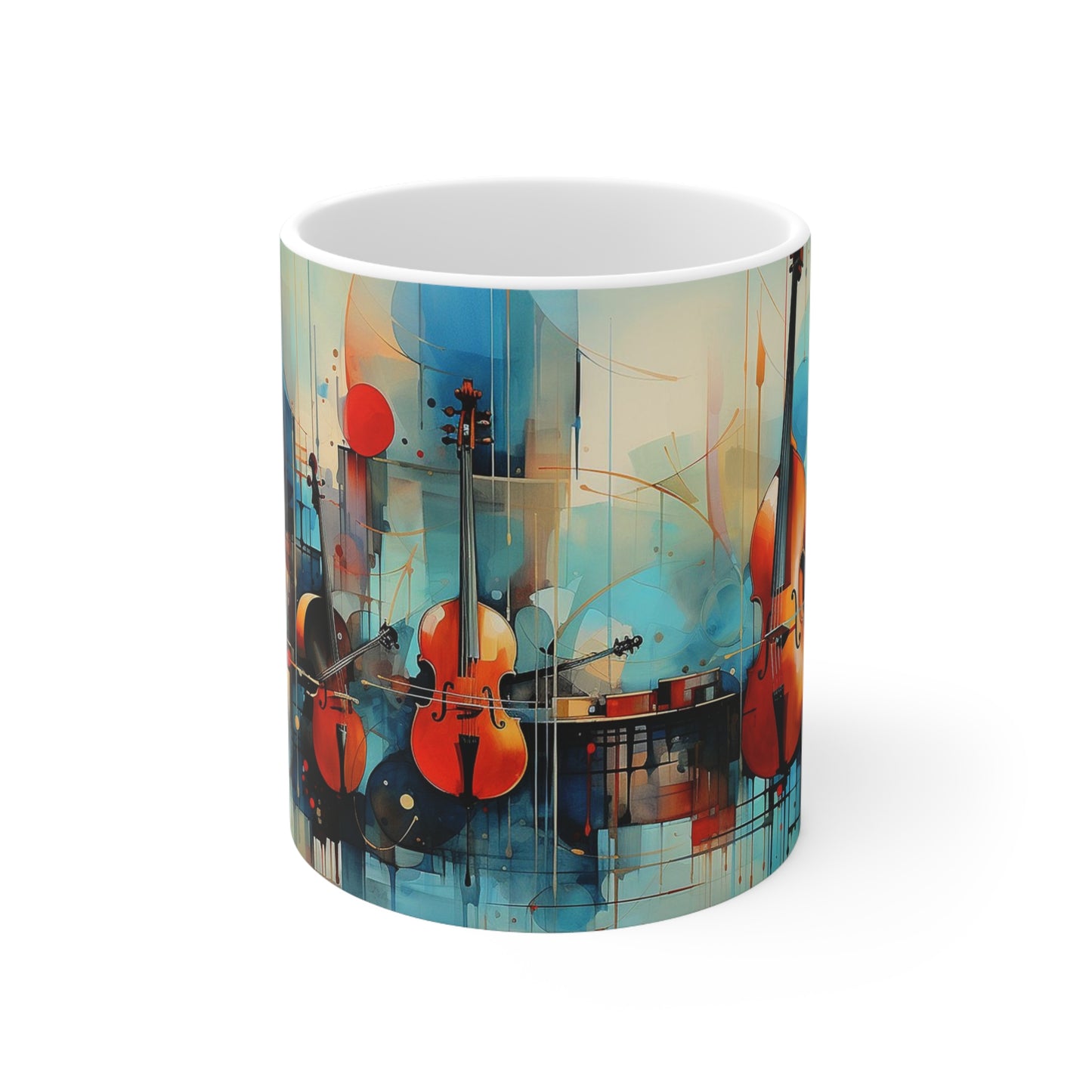 Close-up of the jazz music design on the 11oz ceramic mug, featuring bold colours and rhythmic musical elements
