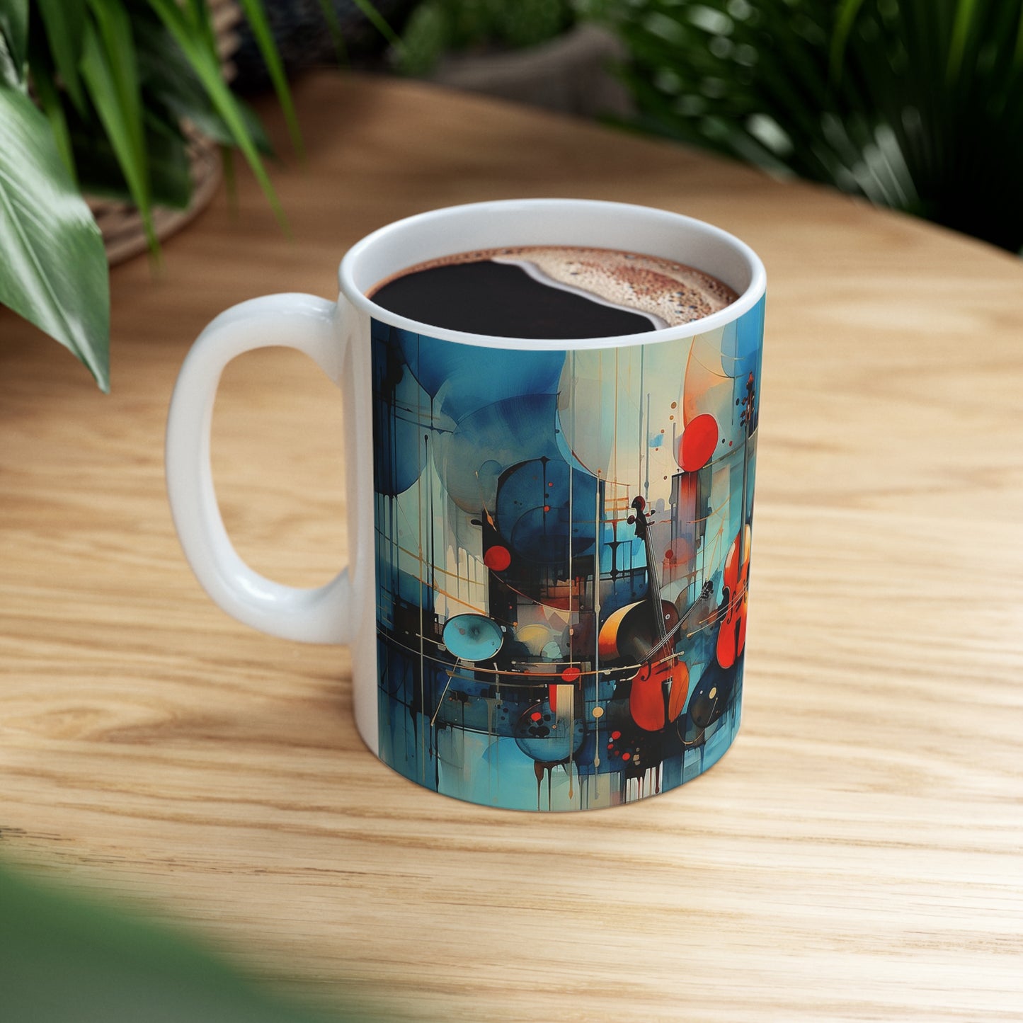 Jazz music mug resting on a table, 11oz ceramic mug with lively, colourful artwork perfect for jazz enthusiasts