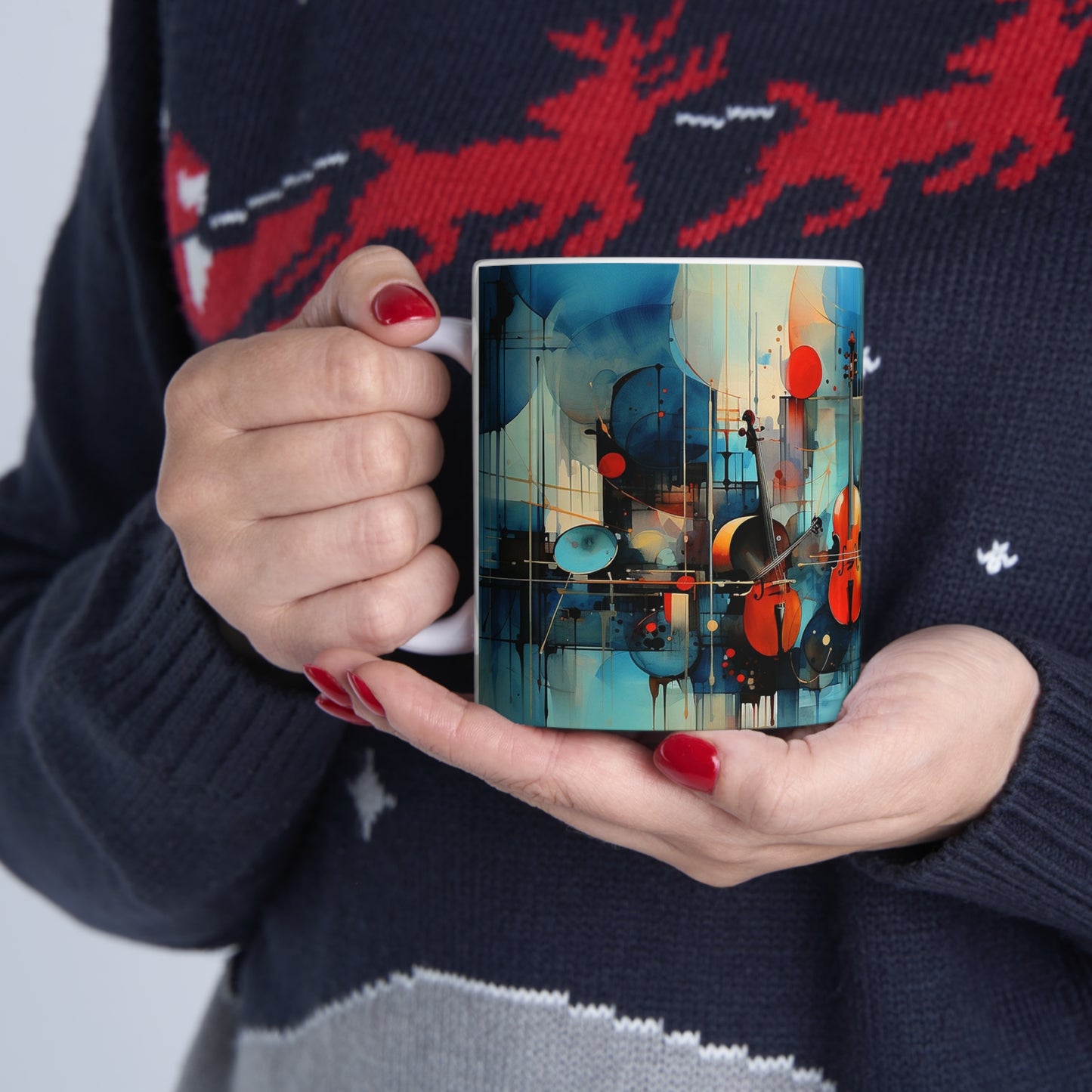 Model holding the jazz music mug, 11oz ceramic mug with bold musical designs, ideal for sipping your favourite brew