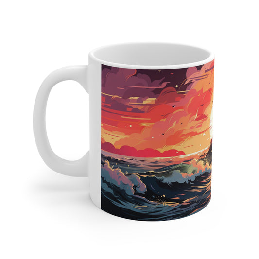 11oz ceramic mug with a calming pastel lighthouse design, perfect for sipping your favourite drink while relaxing