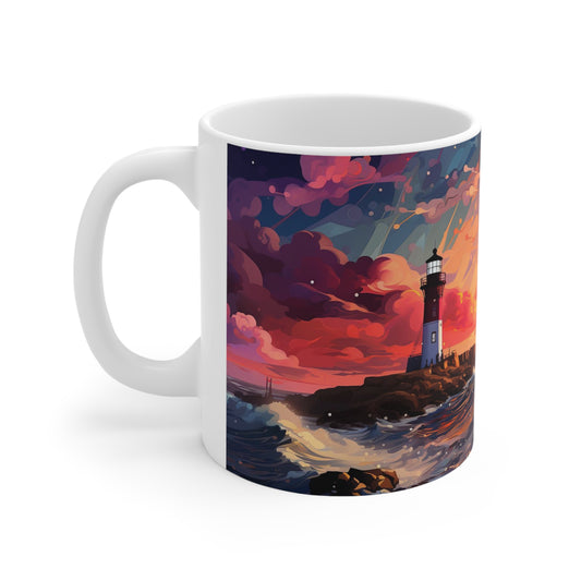 Pastel Lighthouse 11oz ceramic mug featuring a soft pastel hues, perfect for enjoying a cozy drink by the sea