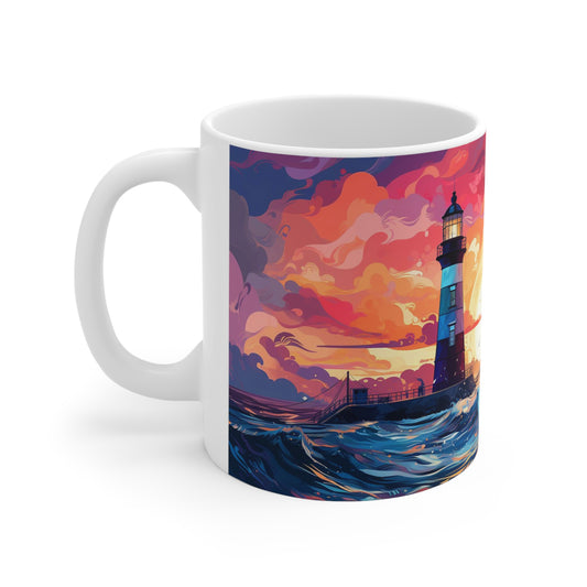 Ceramic mug with a pastel lighthouse design, perfect for enjoying a relaxing beverage with a coastal vibe