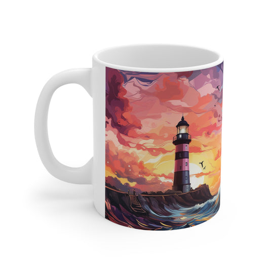 Ceramic coffee mug with pastel lighthouse artwork, ideal for beach lovers and coastal décor enthusiasts