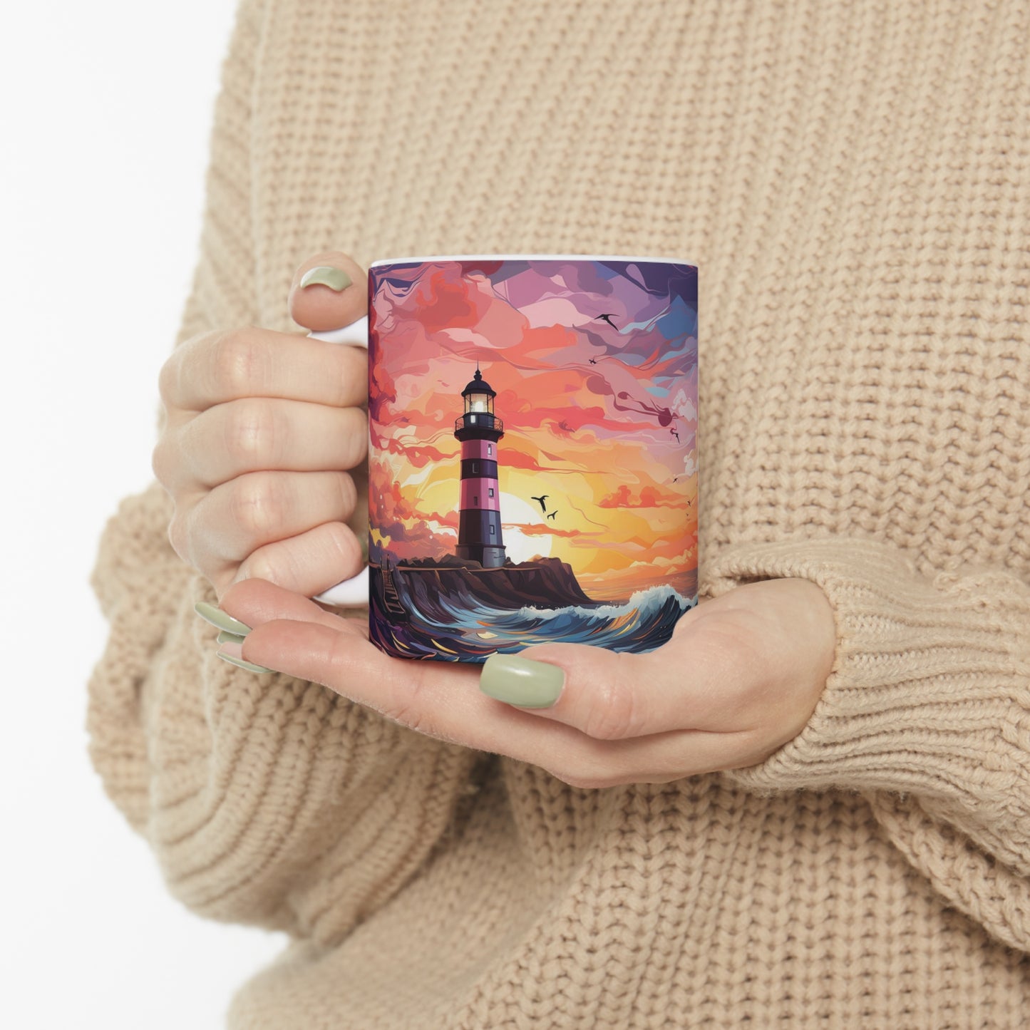 Model holding pastel lighthouse coffee mug featuring a striped lighthouse, towering storm clouds, glowing amber sunset, and deep ocean waves.