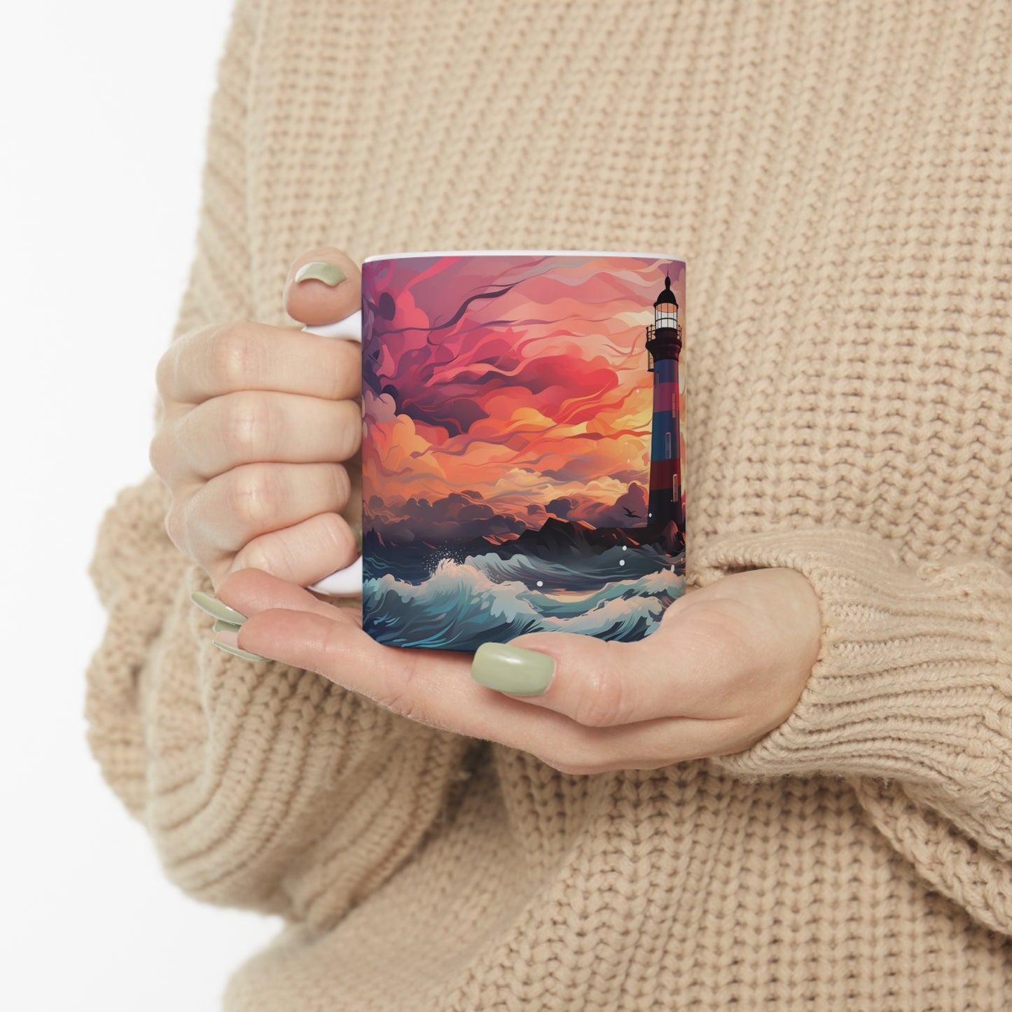Model holding pastel lighthouse mug featuring a striped lighthouse, vibrant sunset colours, churning sea, and soaring seabirds.