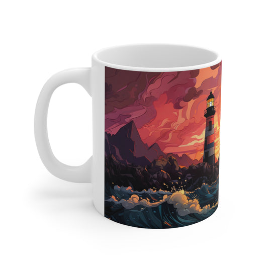Pastel ceramic mug with lighthouse art, 11oz capacity, rounded corners, C-handle, and BPA-free