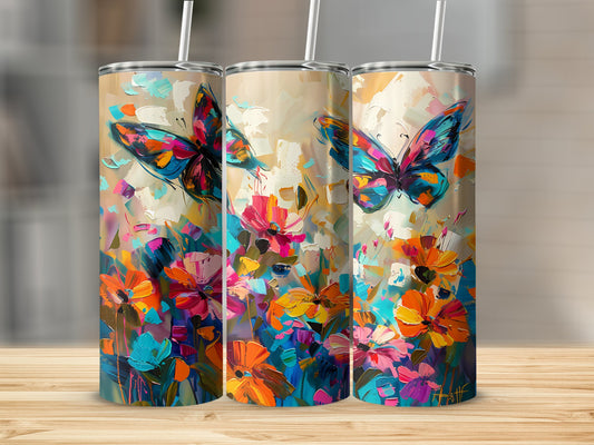 Abstract butterfly tumbler with 20oz stainless steel body and vibrant design, perfect for daily hydration