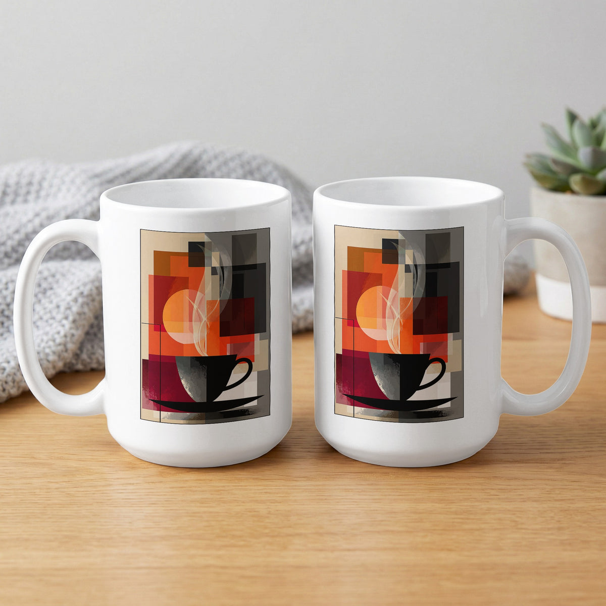 15oz Abstract Coffee Blocks Mug showing both sides with black coffee cup, layered geometric shapes and warm earth tones.