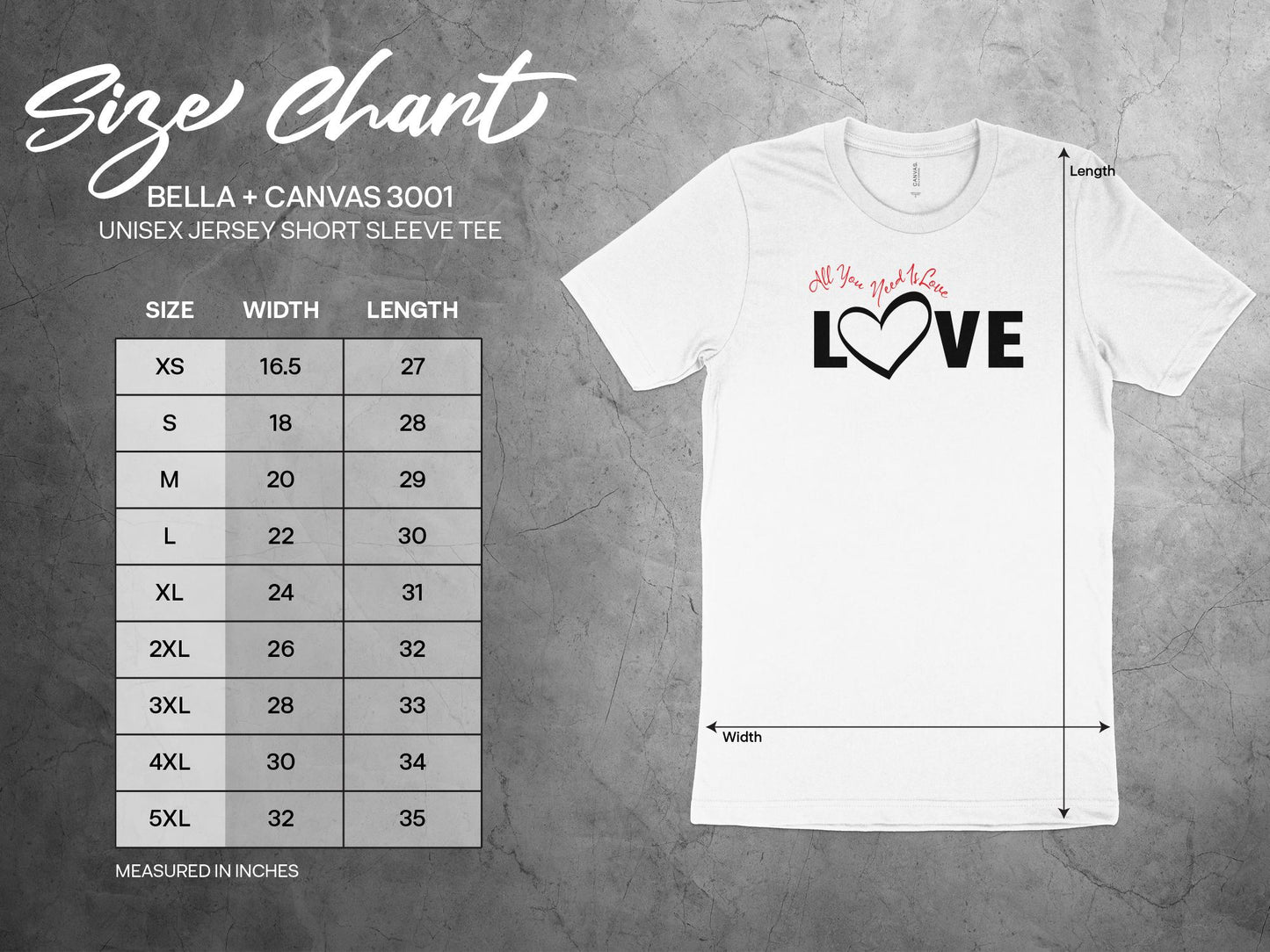 All You Need Is Love shirt size chart, women's cotton tee sizing from small to 3XL