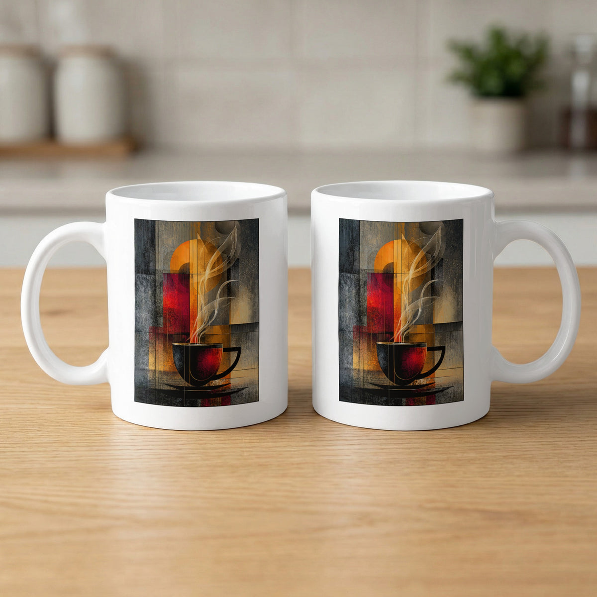11oz Amber Steam Mug showing both sides with matching wide cup artwork, golden disc and flowing cream steam.