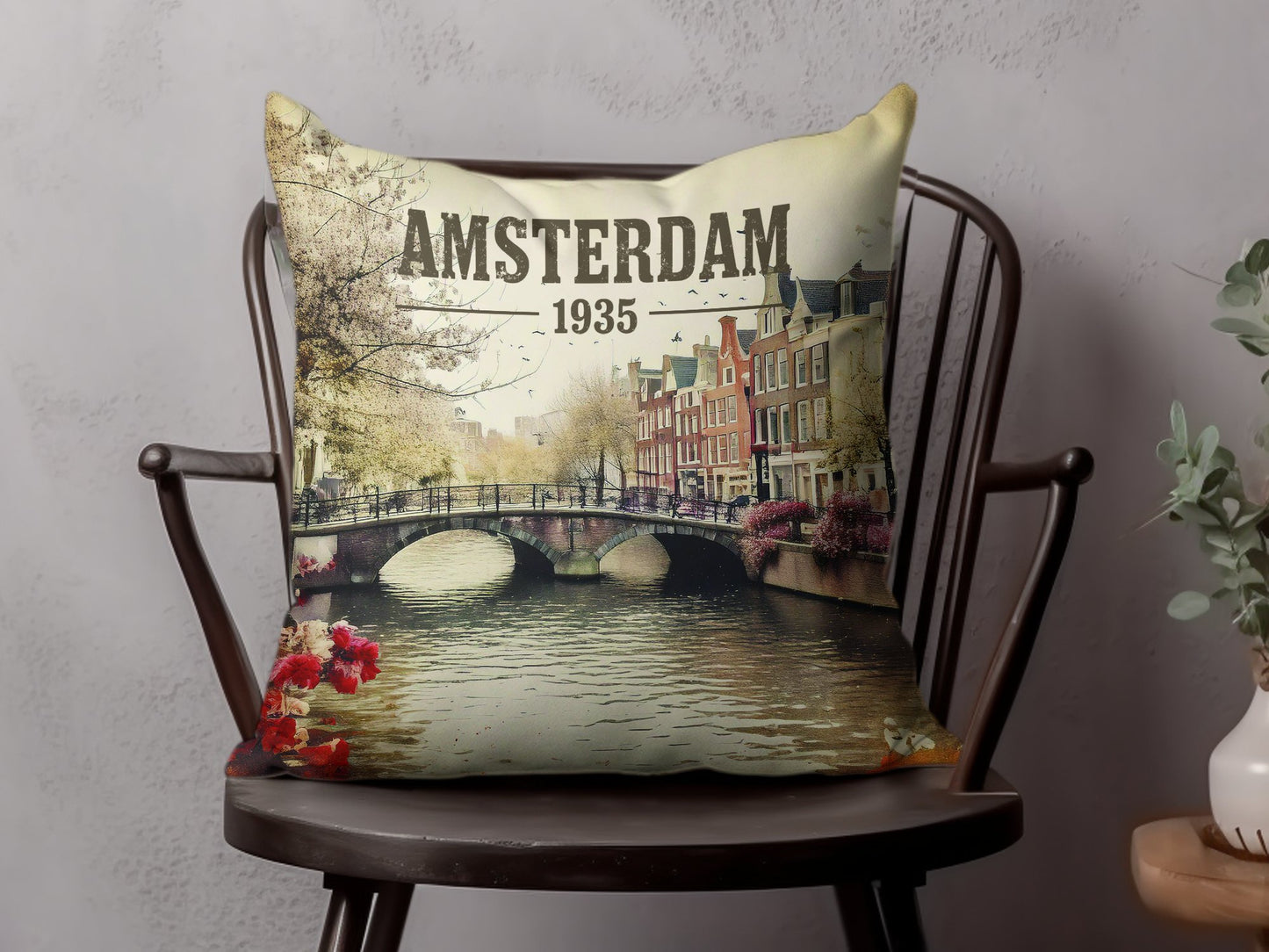 A unique Amsterdam 1935 cushion with a vibrant design on both sides, perfect for enhancing your home decor.