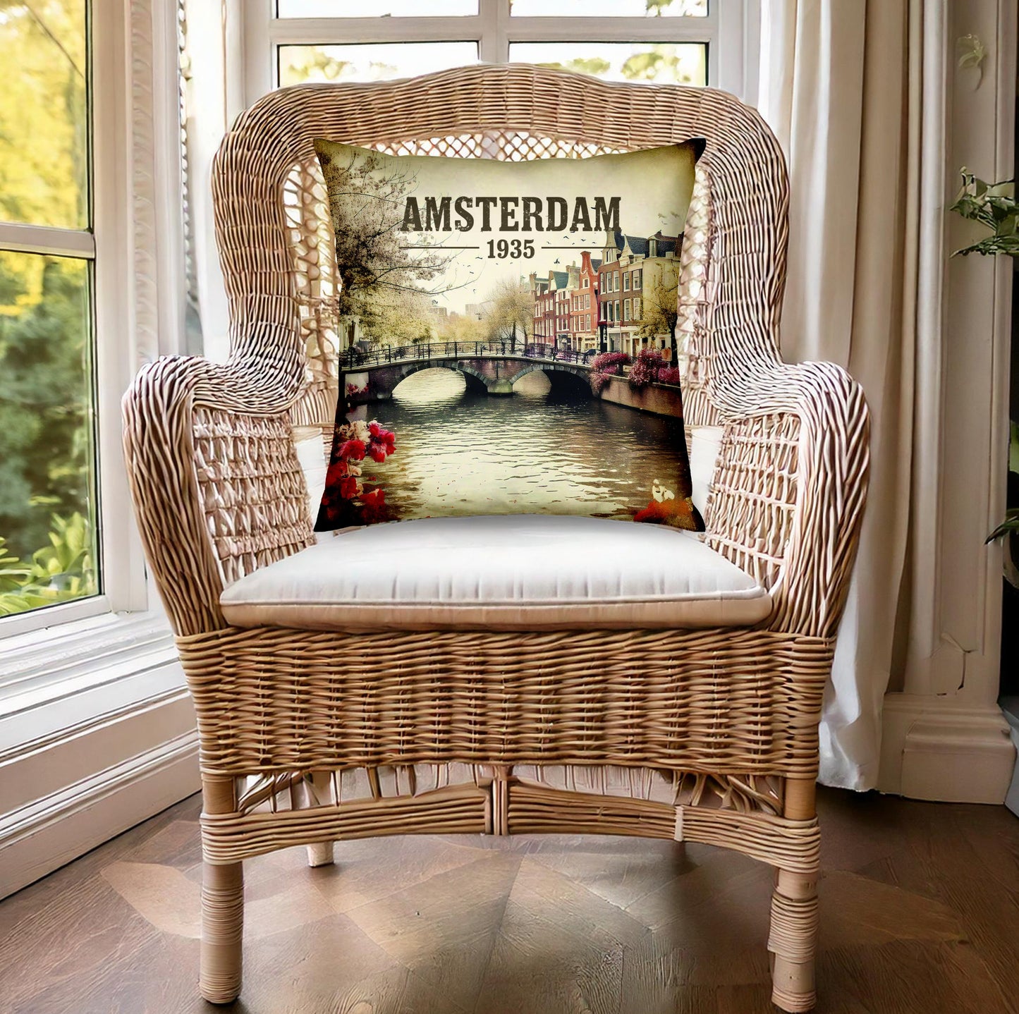 The Amsterdam 1935 throw pillow offers quality fabric and a hidden zipper, making it both stylish and practical.