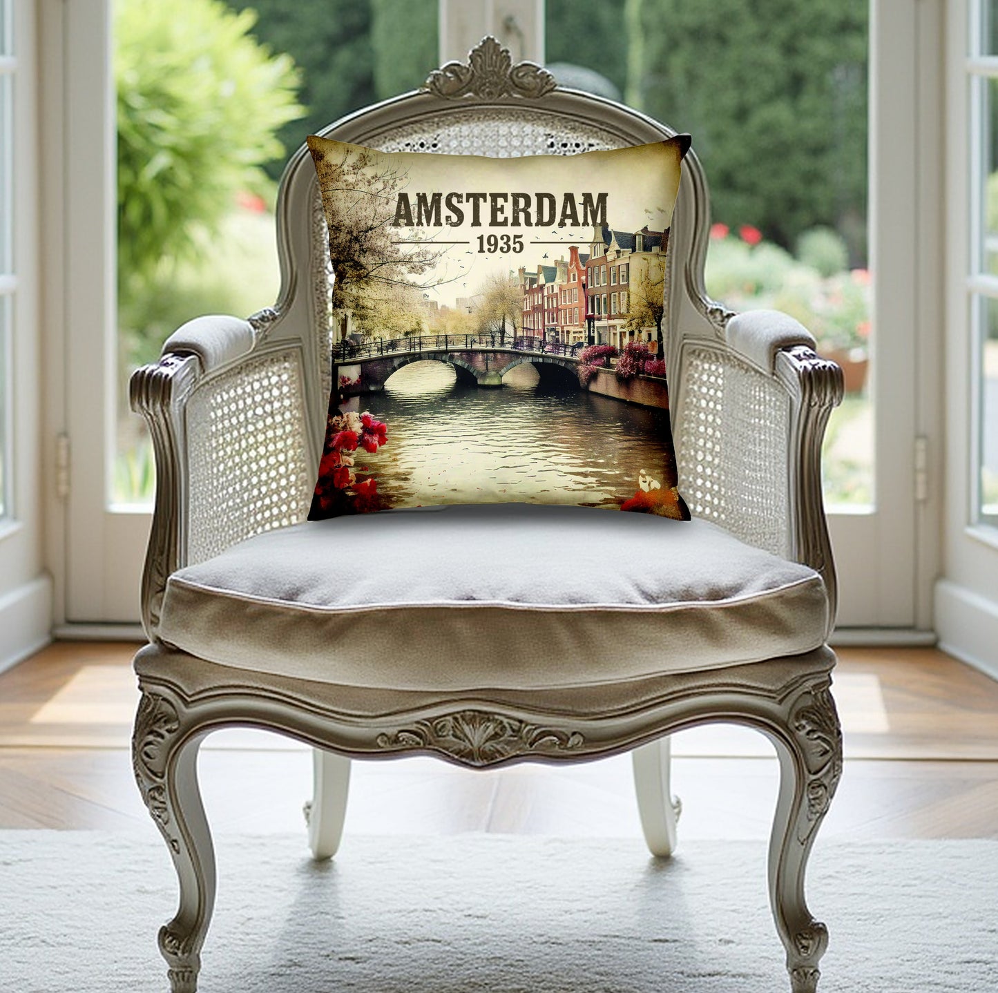 Bring vintage charm into your home with the Amsterdam 1935 throw pillow, available in two sizes with a soft, durable fabric.