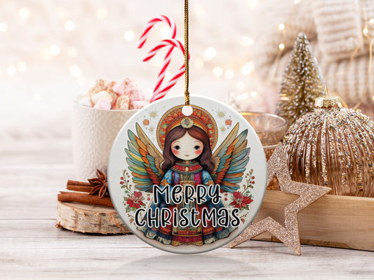 Ceramic angel Christmas ornament with soft pastel wings, perfect for festive tree decorations