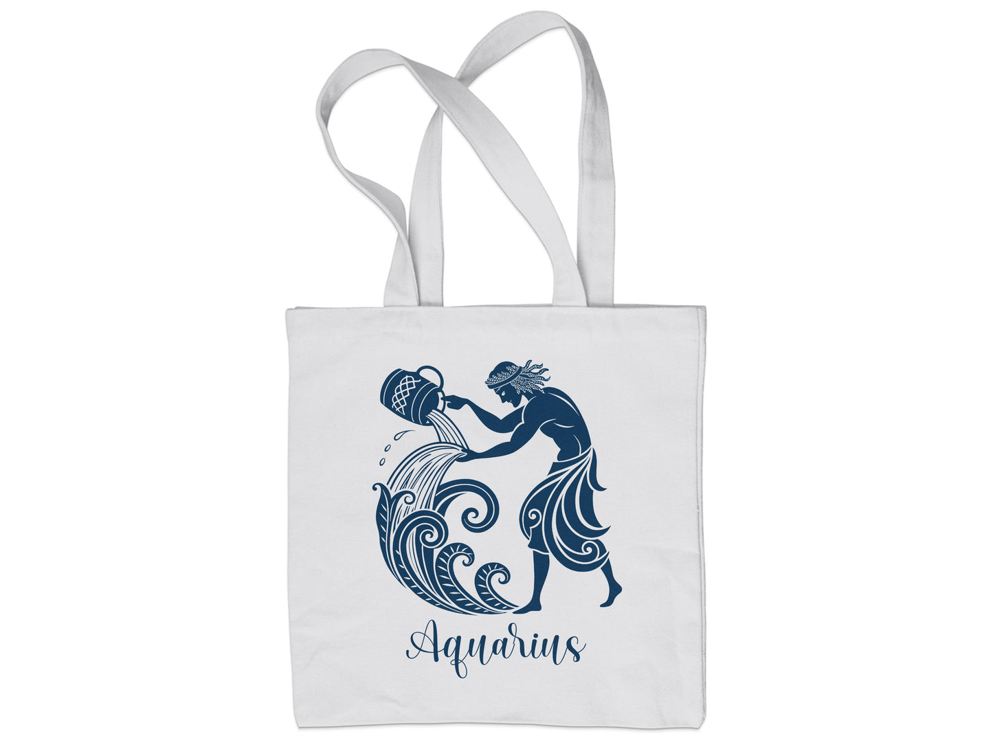 Cotton Aquarius tote bag featuring double-sided design with bold zodiac astrology print and handles.