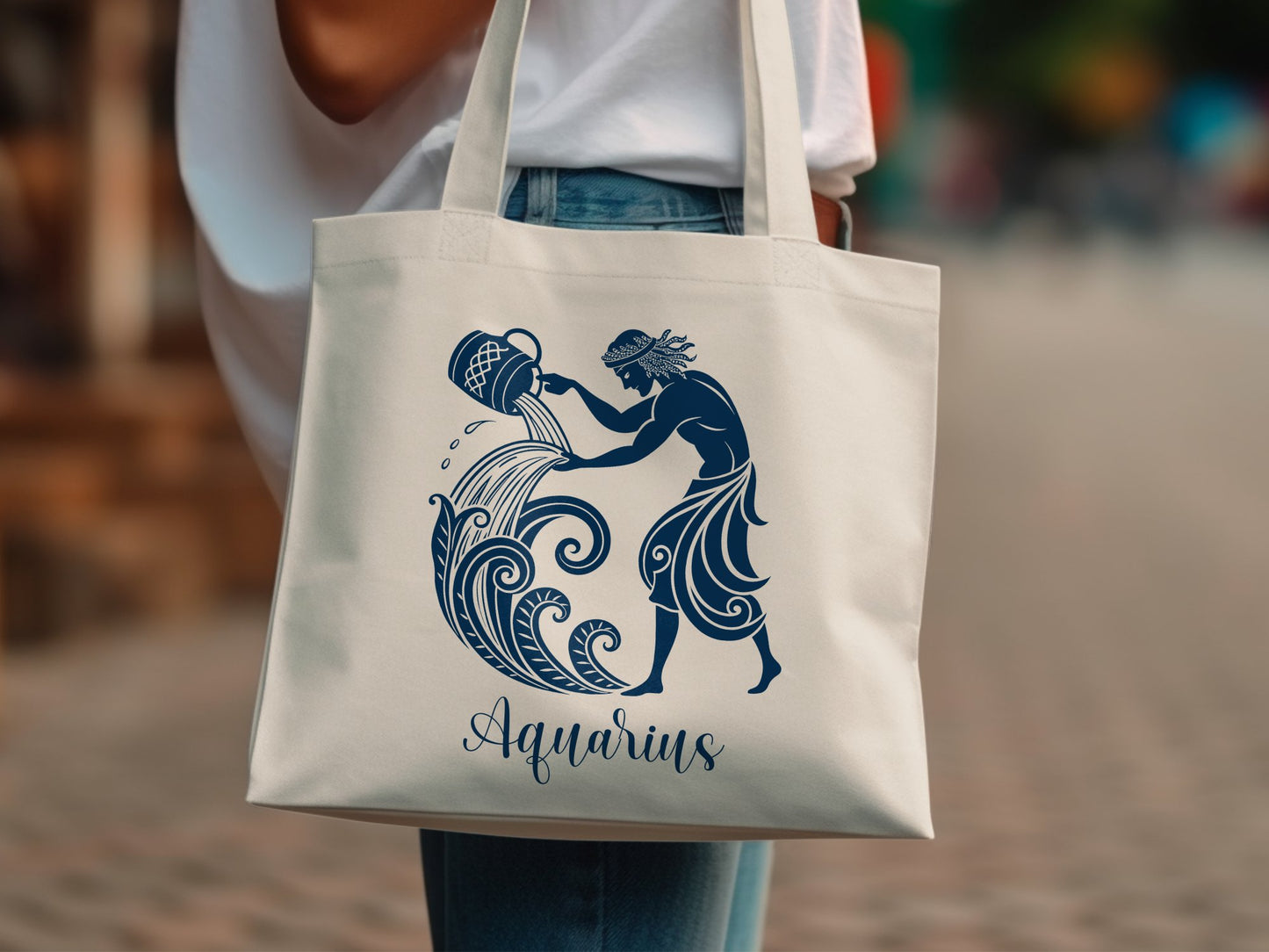 Earth-toned Aquarius bag featuring a zodiac-inspired design, perfect for errands, beach days, and carrying your essentials.