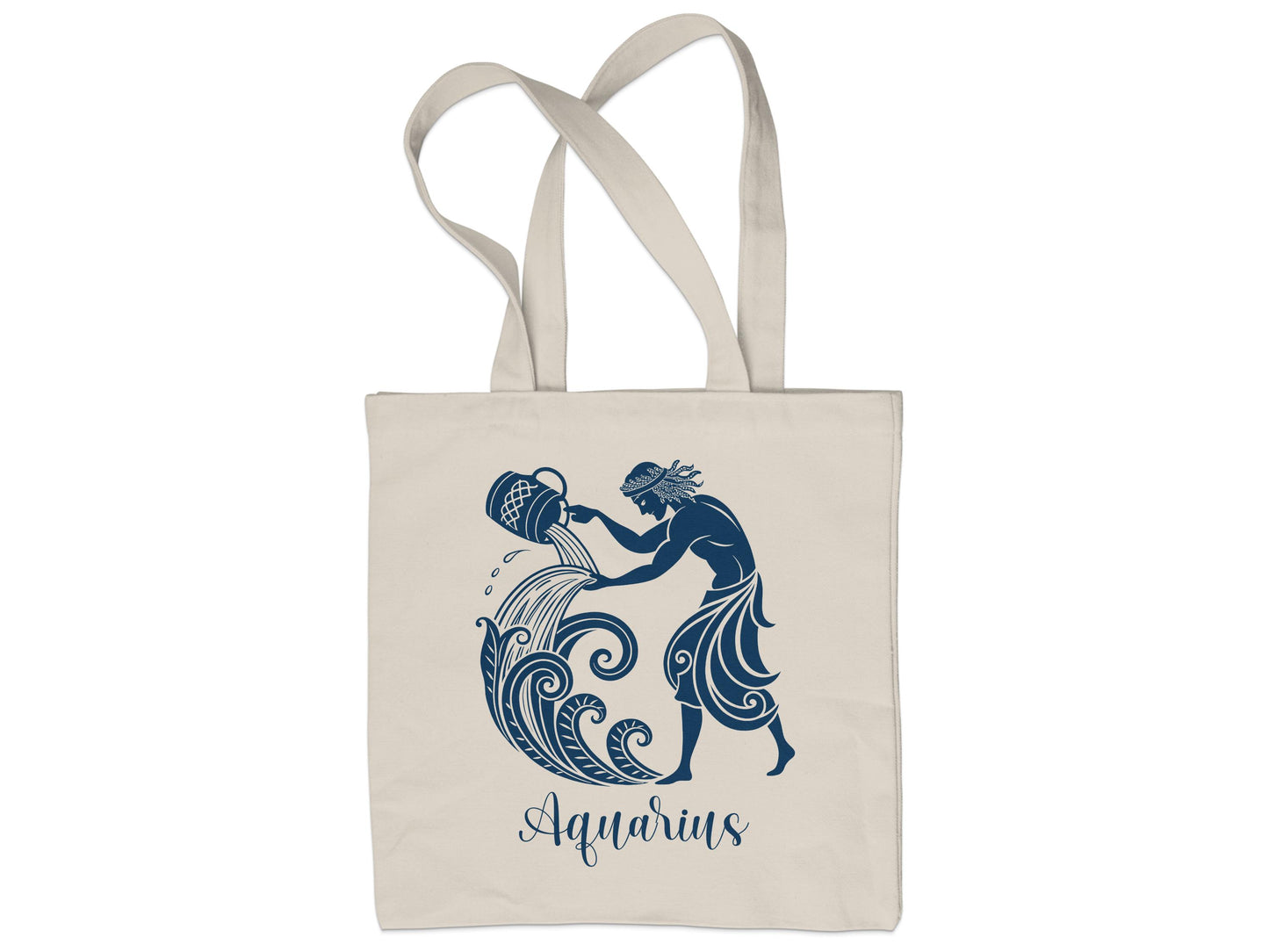 Durable cotton Aquarius tote bag ideal for adding a statement accessory to your outfit. Large compartment and sturdy handles.