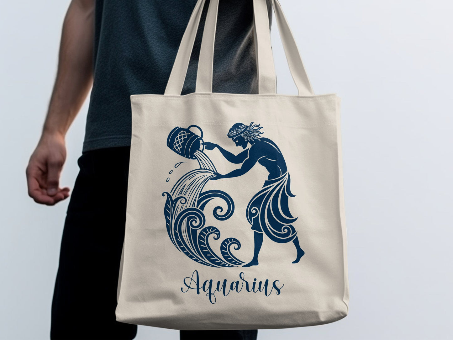 Comfortable Aquarius astrology tote bag featuring a large compartment, sturdy handles, and double-sided zodiac print.
