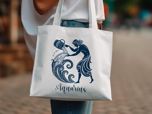 Aquarius zodiac tote bag, spacious compartment, 15x16 inch cotton style with handles and astrology charm.