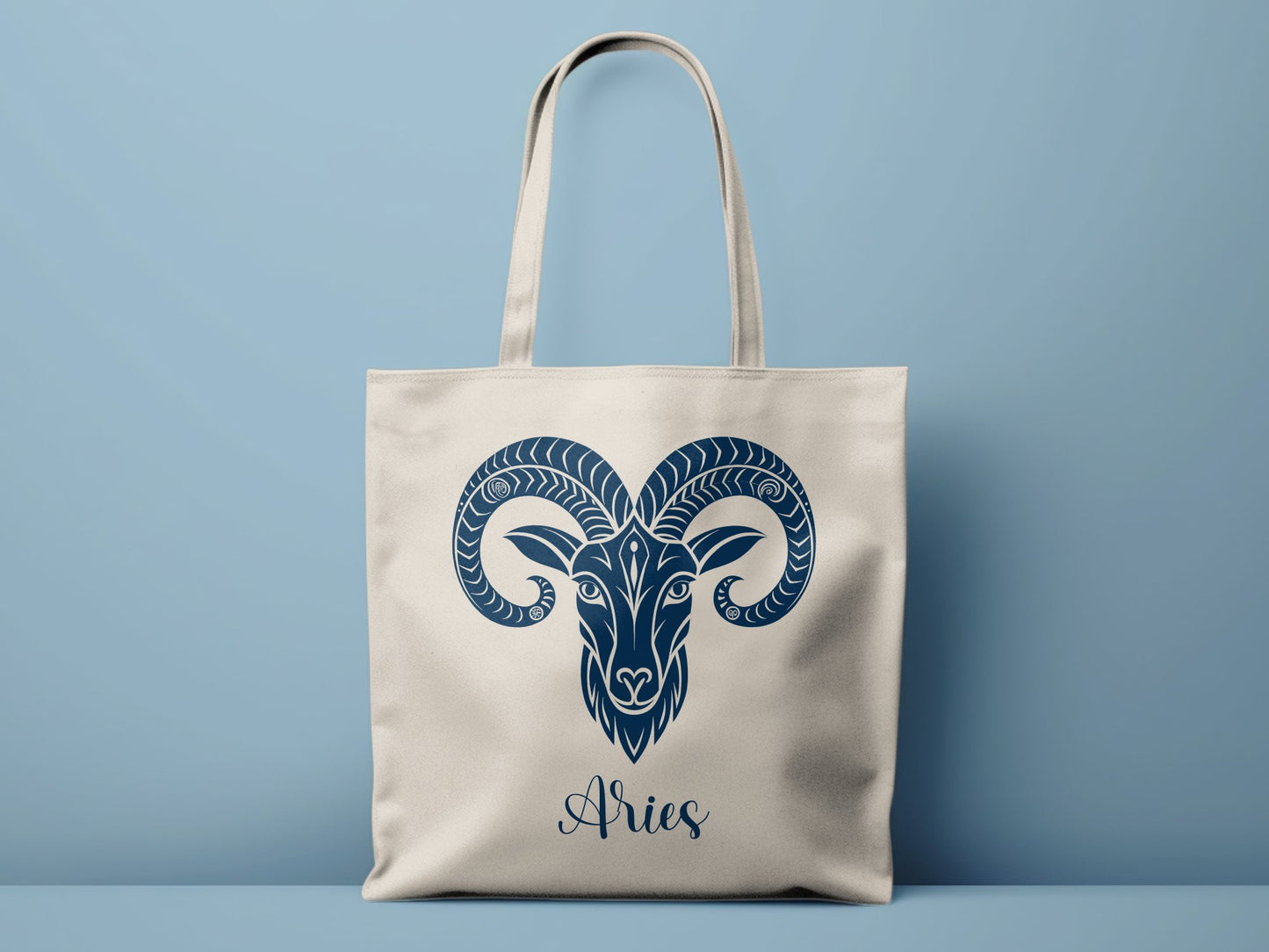 Natural Aries zodiac tote bag with mirrored ram print on both sides, large size and sturdy handles.