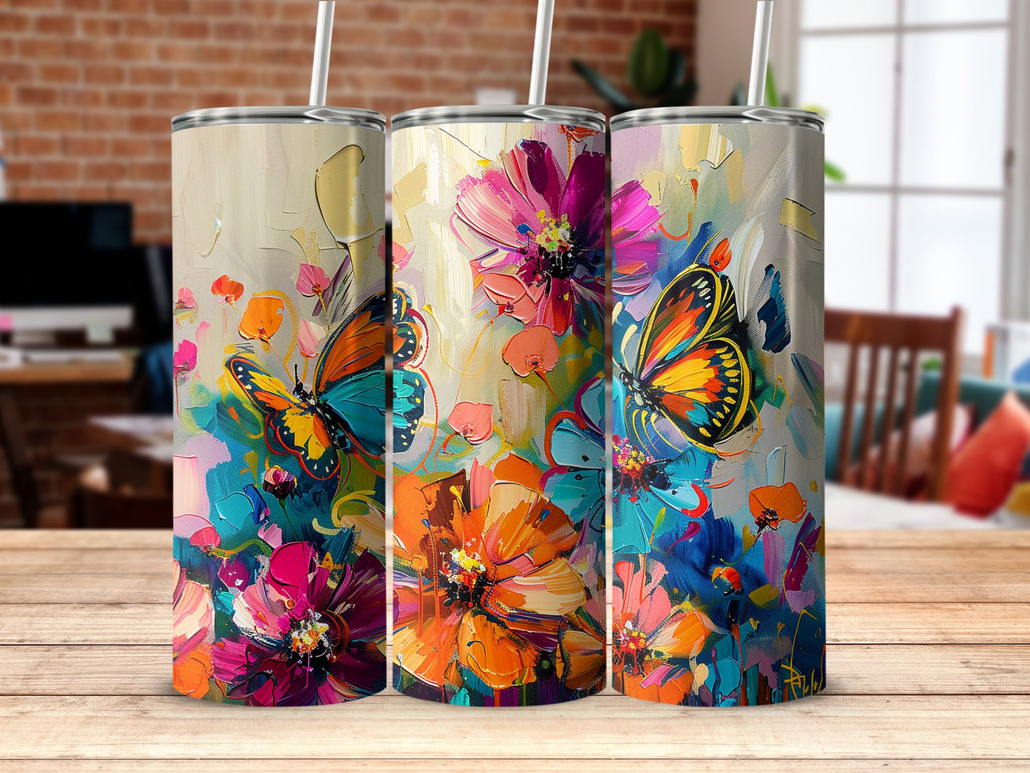 Artistic butterfly tumbler on table, featuring sleek skinny shape, stainless steel finish, and vivid print