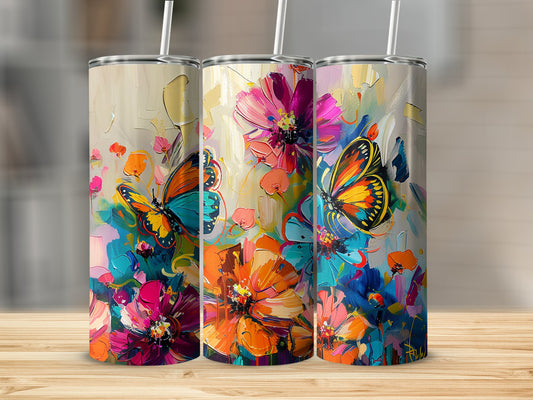 Artistic butterfly tumbler with 20oz stainless steel body, perfect for hot or cold drinks on the go