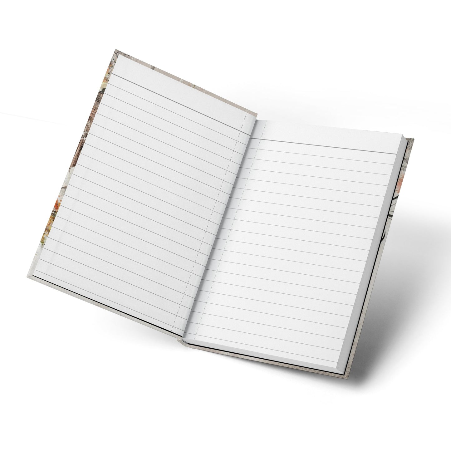 Open artistic floral woman journal displaying smooth, lined pages, ideal for note-taking, sketches, and ideas