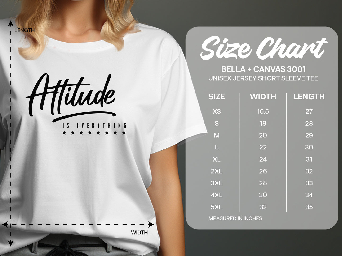 Size chart showing measurements for the Attitude Is Everything graphic tee for accurate sizing and ideal fit.