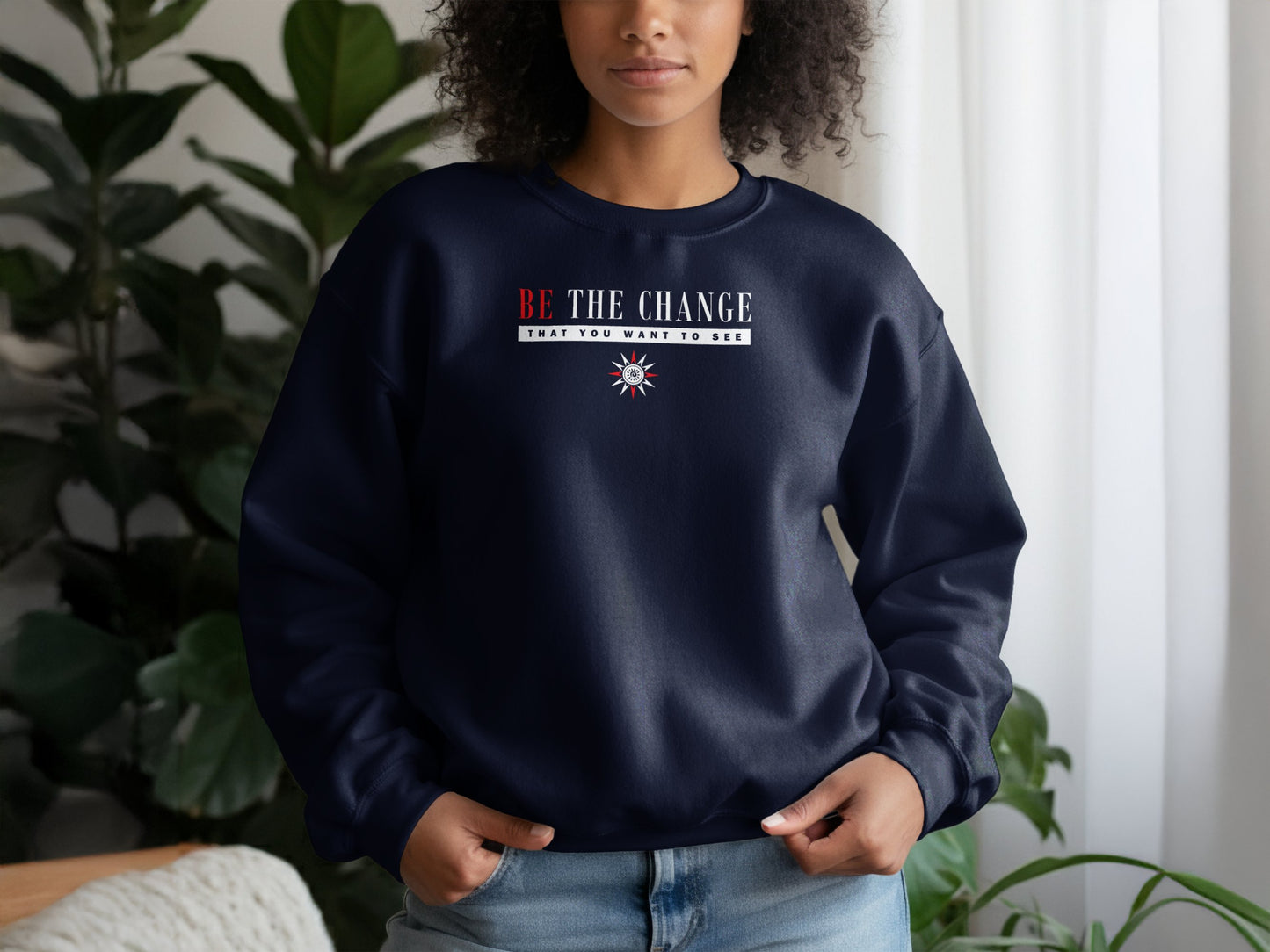Navy Be the Change sweatshirt featuring inspiring quote, crewneck and cotton blend for warm comfort.