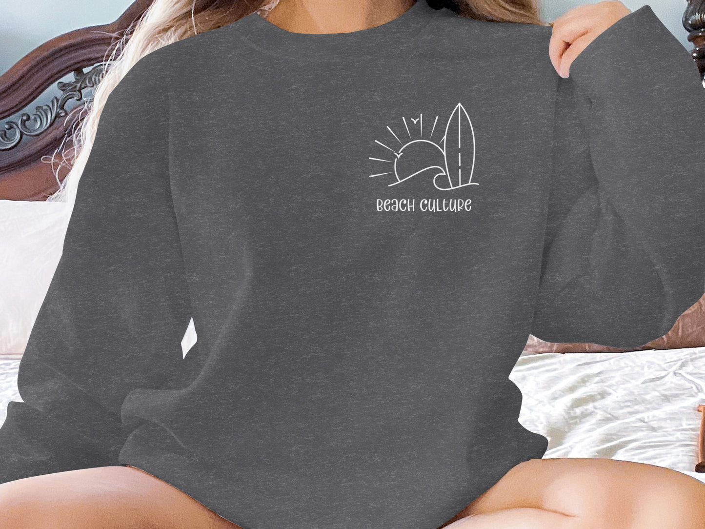Dark Heather Beach Culture Sweatshirt, cotton blend, unisex crew neck, relaxed fit, and seamless body for daily comfort.