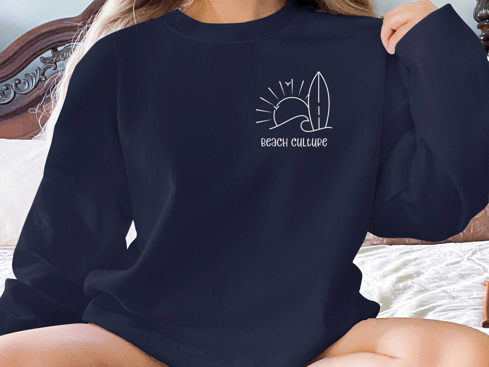 Navy Beach Culture Sweatshirt, medium-heavy cotton blend, unisex sizing, seamless body, and soft crew neck comfort.