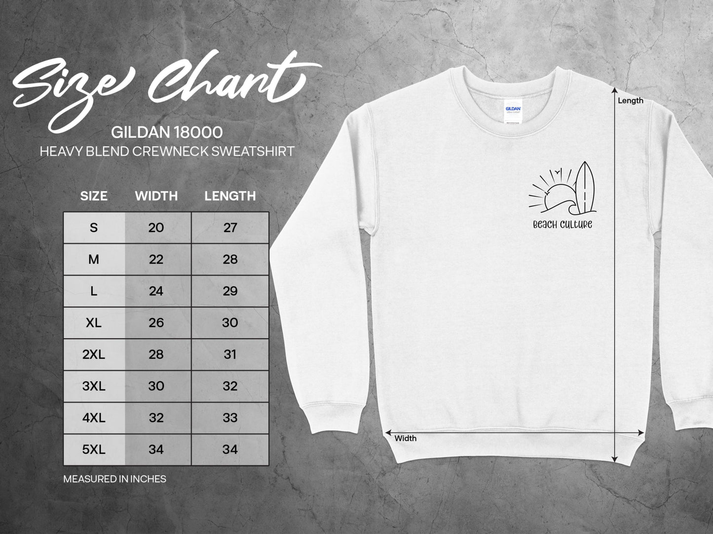 Beach Culture Sweatshirt size guide S–3XL with chest, sleeve, and body measurements for accurate unisex fit.