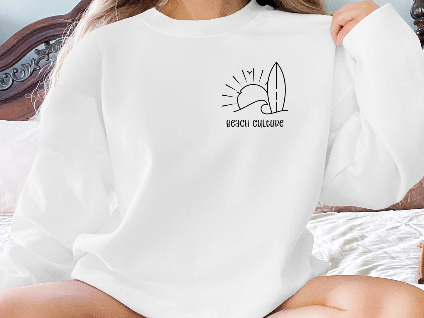 White Beach Culture Sweatshirt with classic unisex fit, seamless construction, cotton blend, and clean crew neckline.