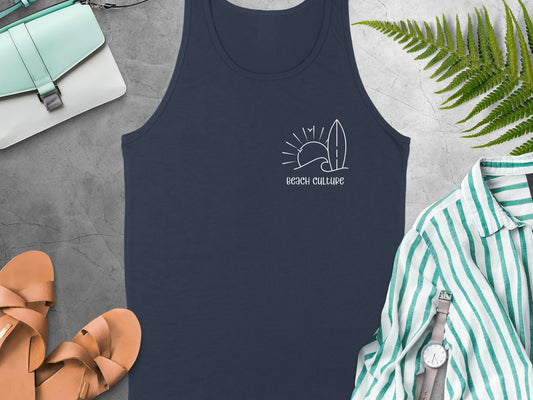 Navy Beach Culture Tank Top, sleeveless cotton scoop neck with beach-inspired design and unisex fit.