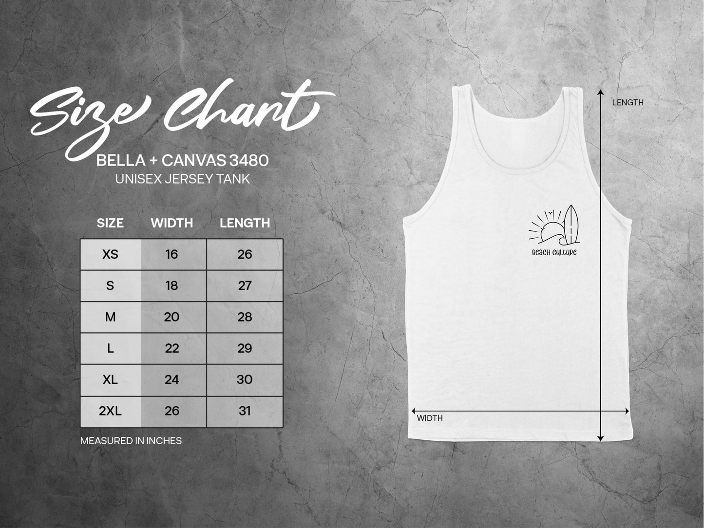 Beach Culture Tank Top unisex size chart with measurements from small to 2XL for a perfect fit.
