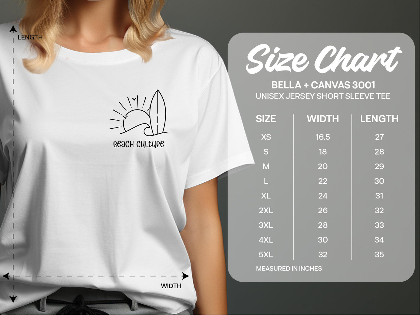 Beach Culture Tee size chart with unisex sizing from Small to 3XL for cotton crew neck short sleeve shirt