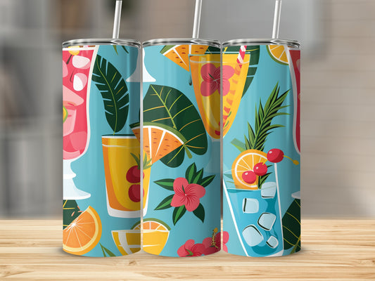 Beach party cocktail tumbler with 20oz stainless steel body, featuring fun tropical design for summer vibes