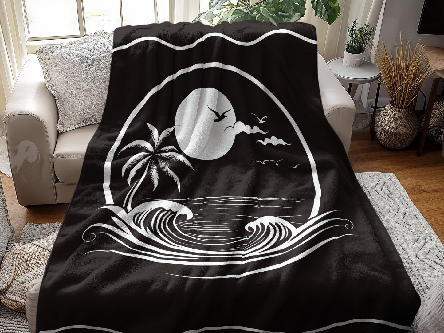 60-inch Beachside Paradise Arctic fleece blanket rests on a couch, offering a peaceful beach scene for your home.