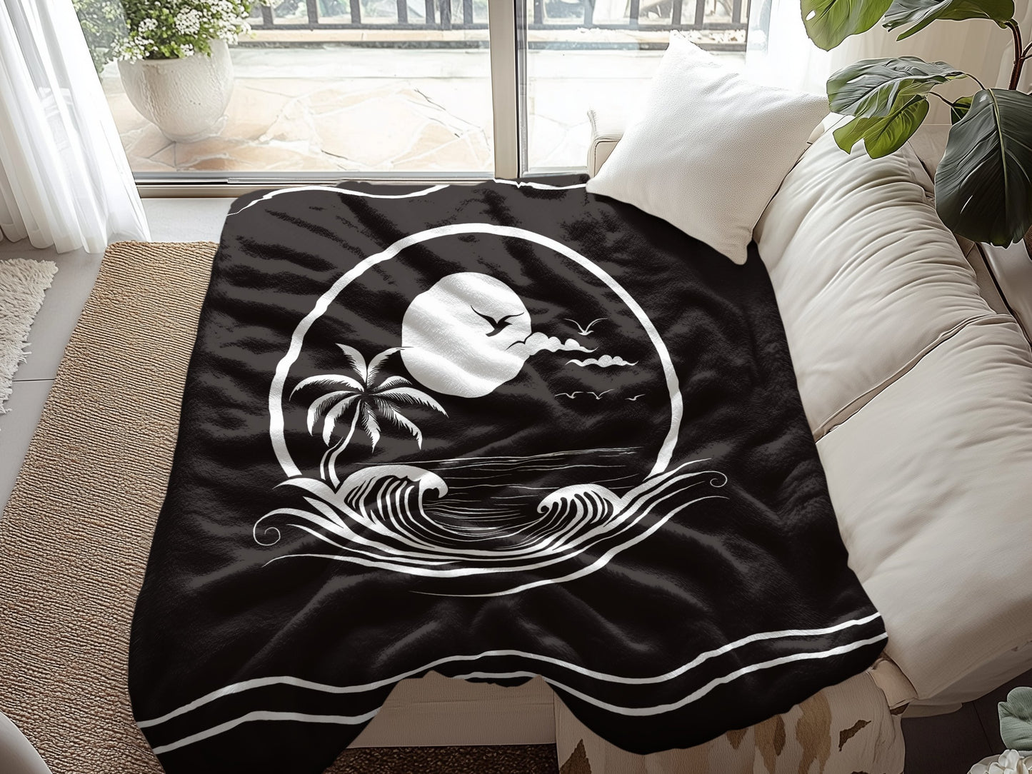 Relax with the Beachside Paradise Arctic fleece blanket draped over a cozy couch, featuring a serene beach design.