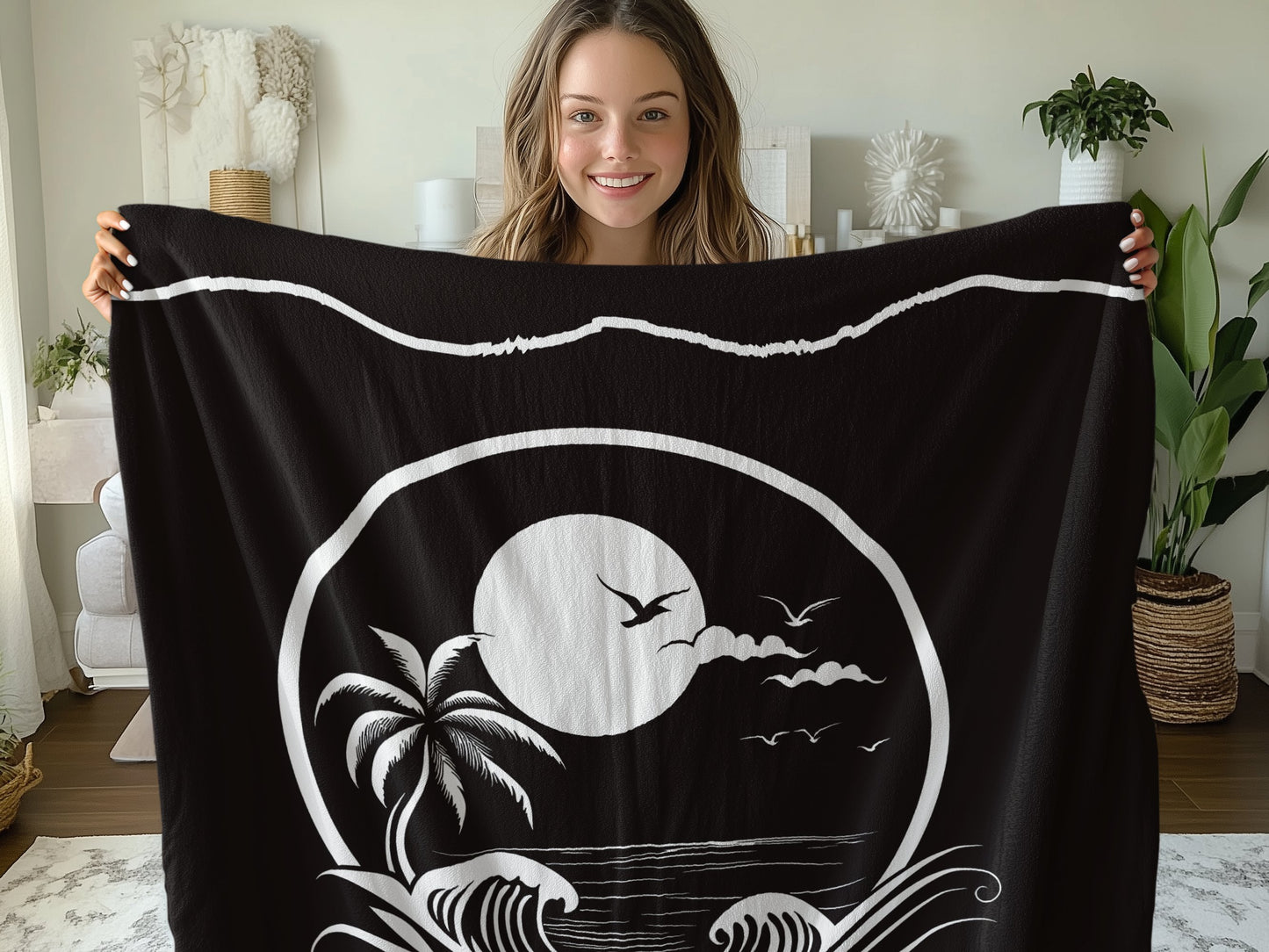 Enjoy beach vibes with the Beachside Paradise Arctic fleece blanket, held by a woman in the 50-inch size.