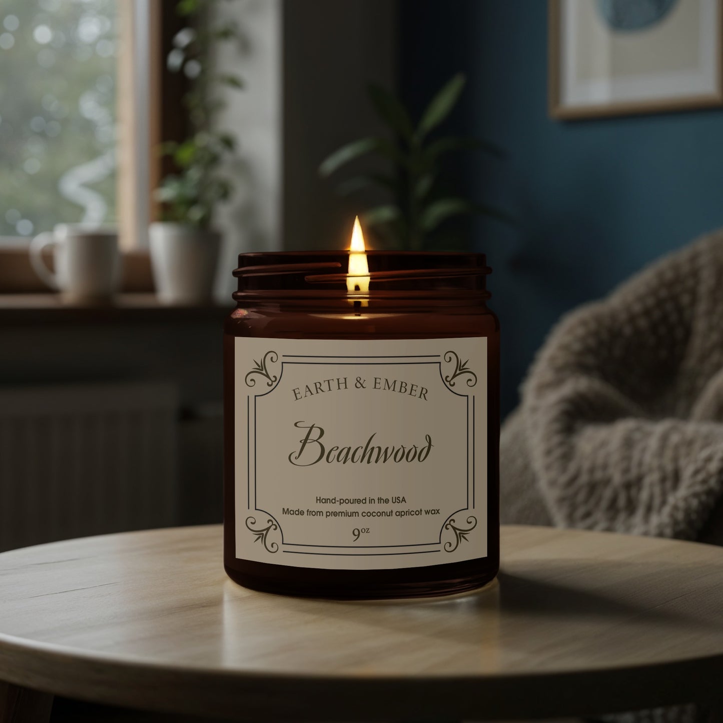 Beachwood scented candle with natural wax glowing softly to create cozy, relaxing ambient light in any living space.
