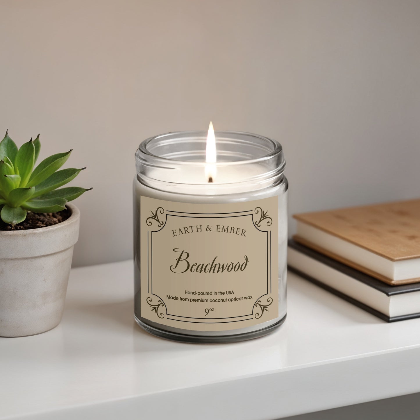 Beachwood scented candle 9oz styled as elegant home decor piece, adding warm ambiance and rustic charm.