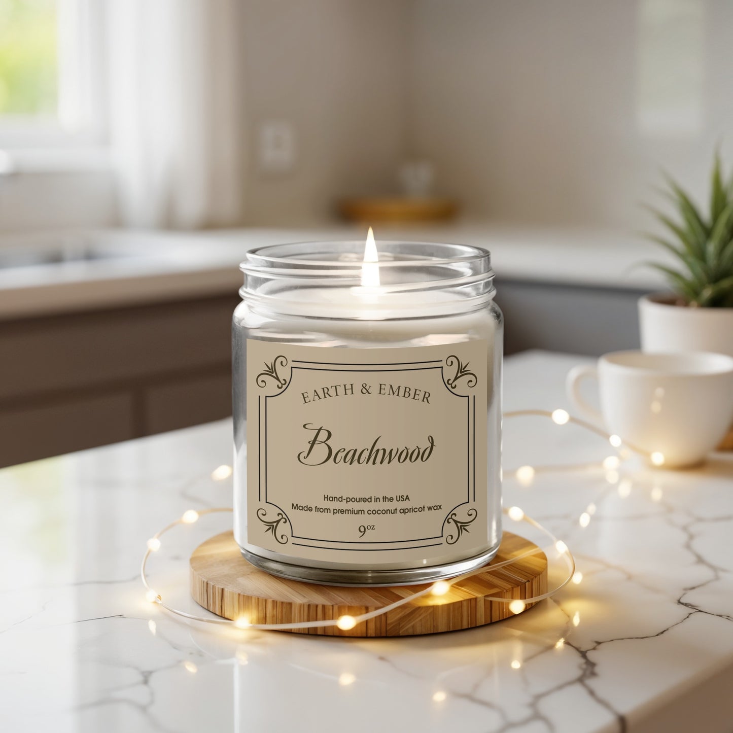 Close-up detail of Beachwood scented candle wick and creamy wax in clear glass jar for natural fragrance.
