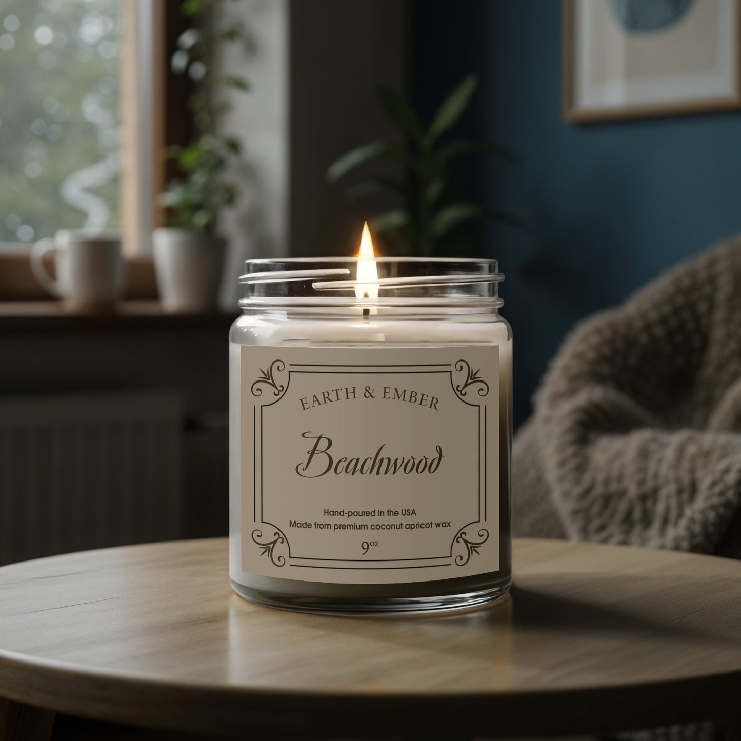 Beachwood scented candle featured in cozy lifestyle setting with natural textures for calm vibes and soothing fragrance.