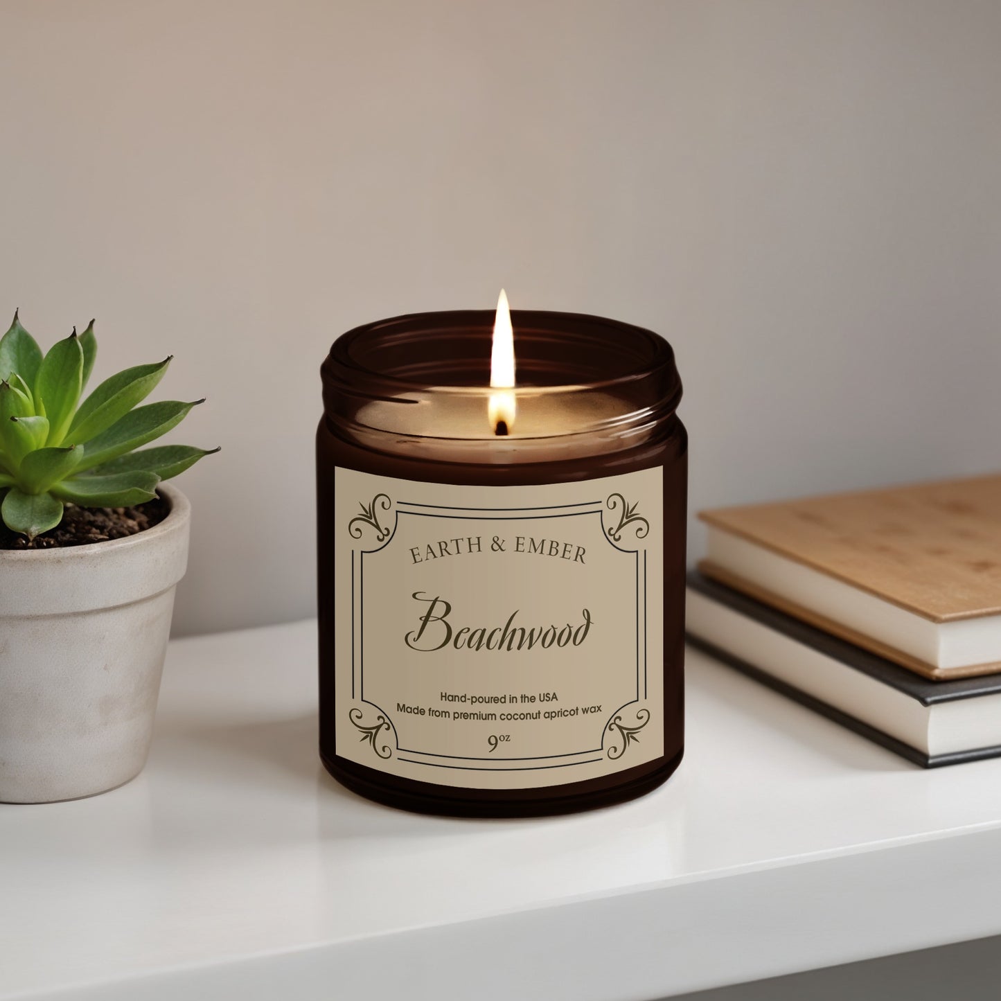 Beachwood scented candle 9oz in amber glass jar with natural woodsy fragrance and clean, long-lasting burn.