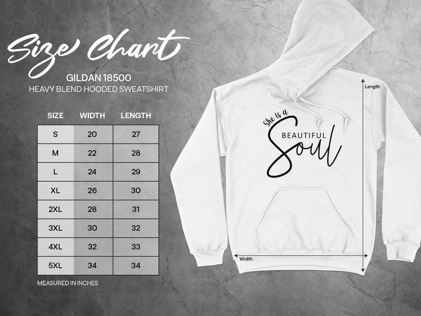 Hoodie size chart showing width and length across unisex sizes S–3XL to help with accurate fit selection.