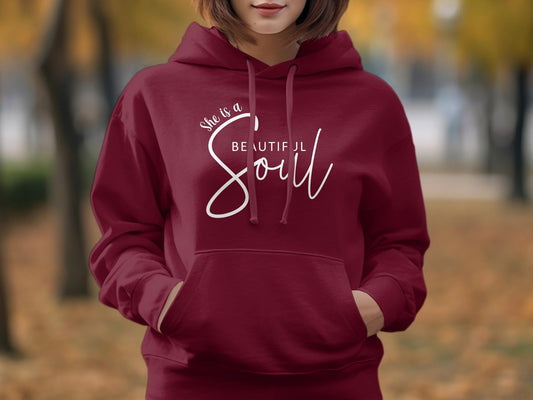 Beautiful Soul Hoodie with bold front print, classic fit, unisex sizing, draw cord, and pouch pocket.
