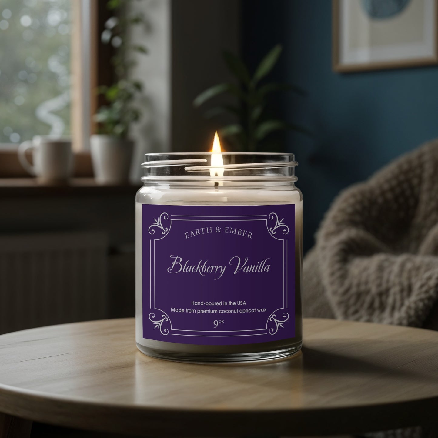Blackberry Vanilla scented candle glowing softly to create cozy, comforting ambient lighting.