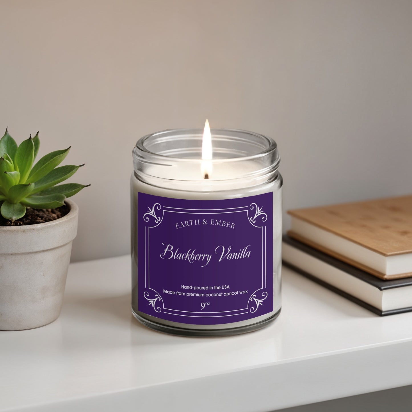 Blackberry Vanilla scented candle styled as charming home decor, adding warm and inviting fragrant ambiance.