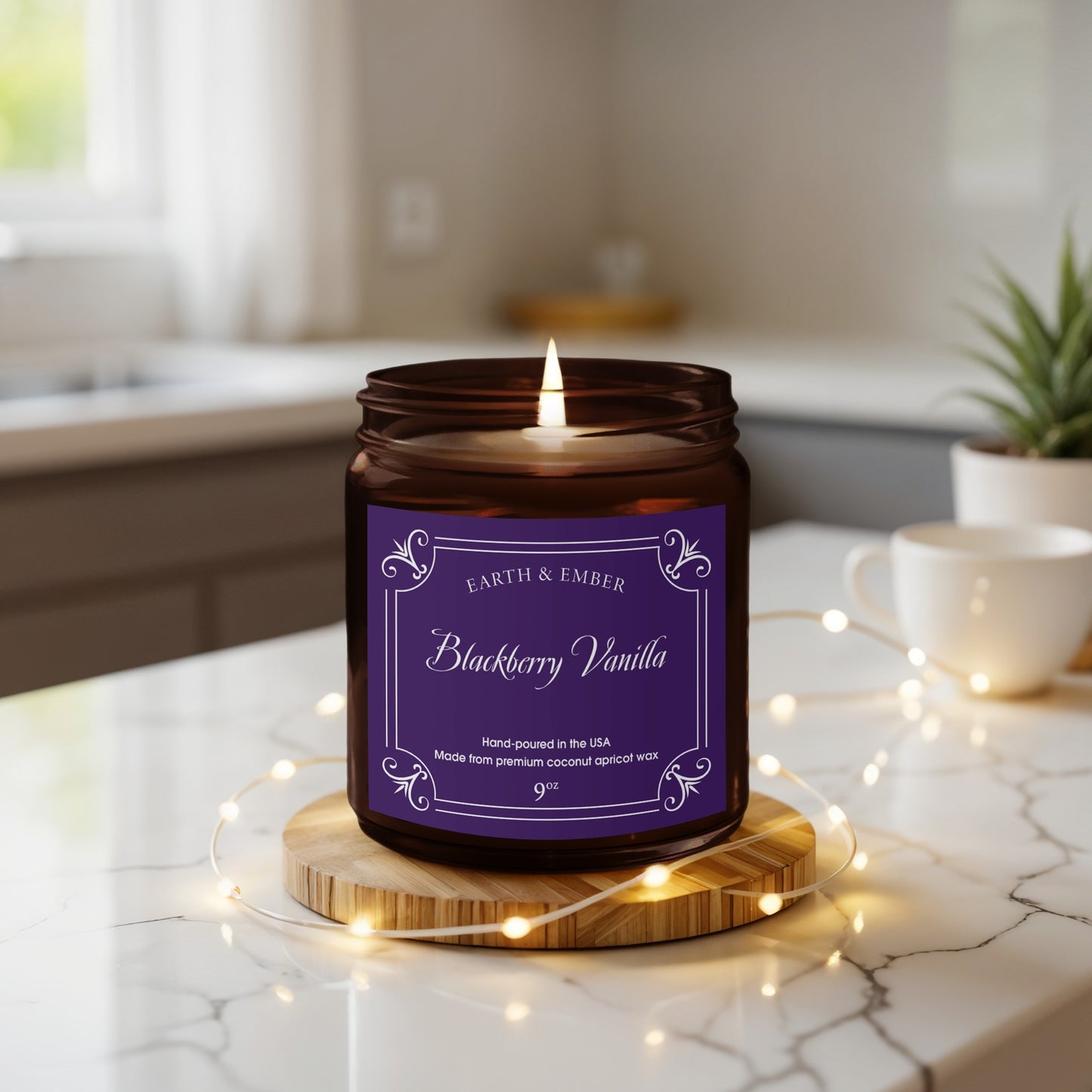 Blackberry Vanilla natural wax scented candle featured in warm lifestyle setting with trendy textiles and modern decor.